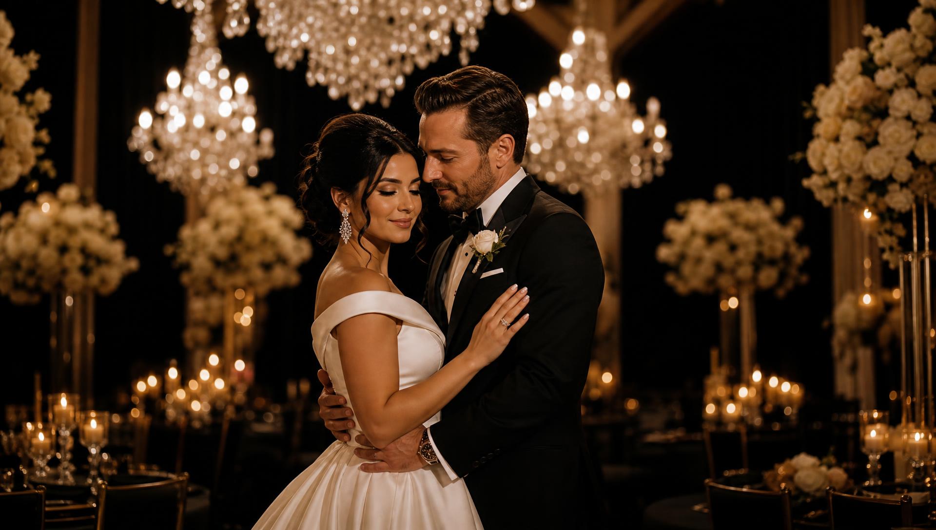Elegant wedding couple embracing at a luxury Phoenix reception